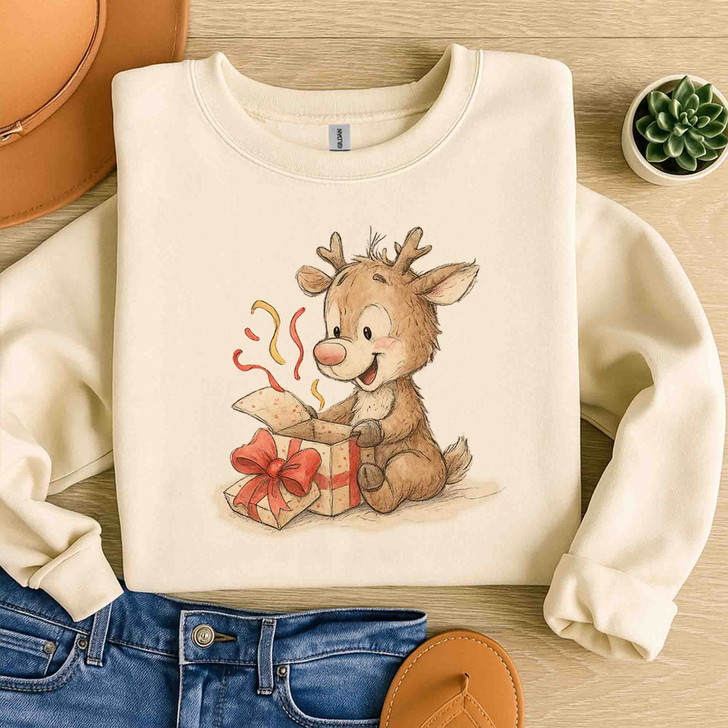 Cute Reindeer Christmas Shirt, Funny Rudolph With Gifts Sweatshirt S-5XL