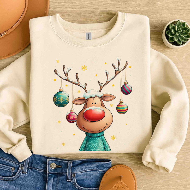 Cute Reindeer Christmas Shirt, Cartoon Rudolph With Ornaments Sweatshirt S-5XL