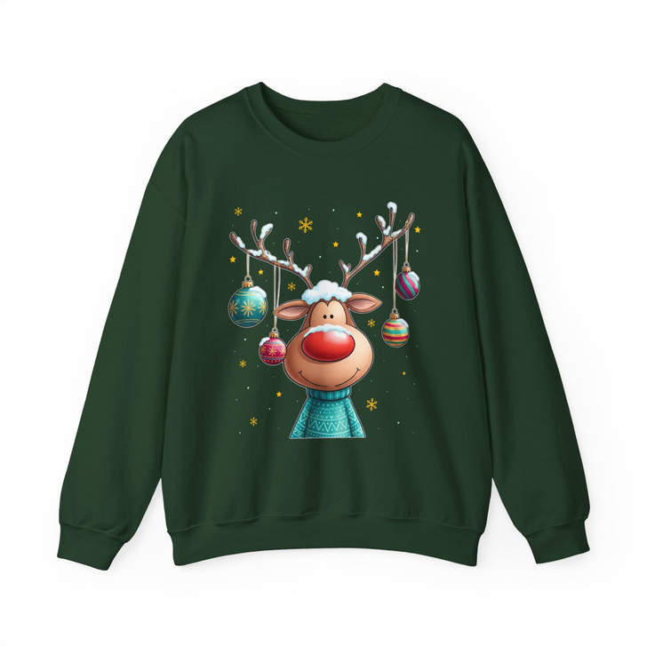 Cute Reindeer Christmas Shirt, Cartoon Rudolph With Ornaments Sweatshirt S-5XL