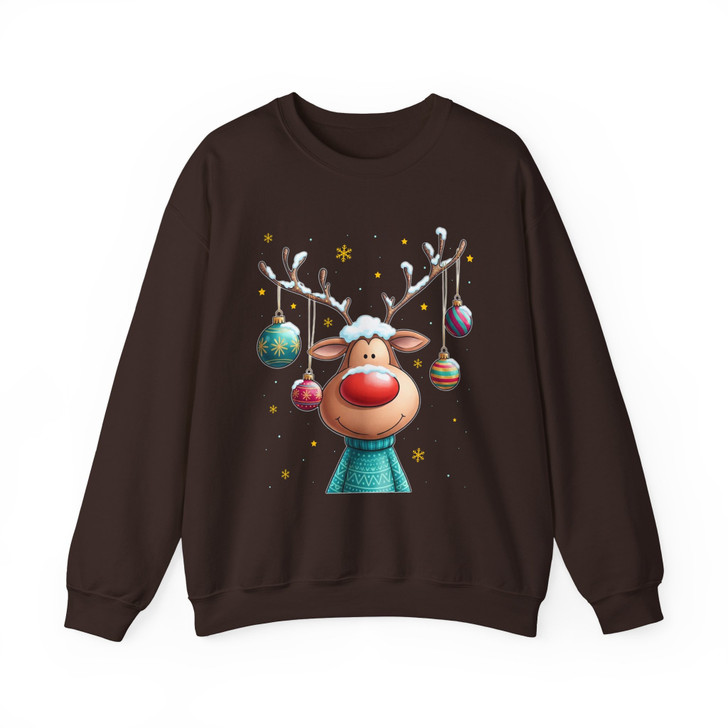 Cute Reindeer Christmas Shirt, Cartoon Rudolph With Ornaments Sweatshirt S-5XL