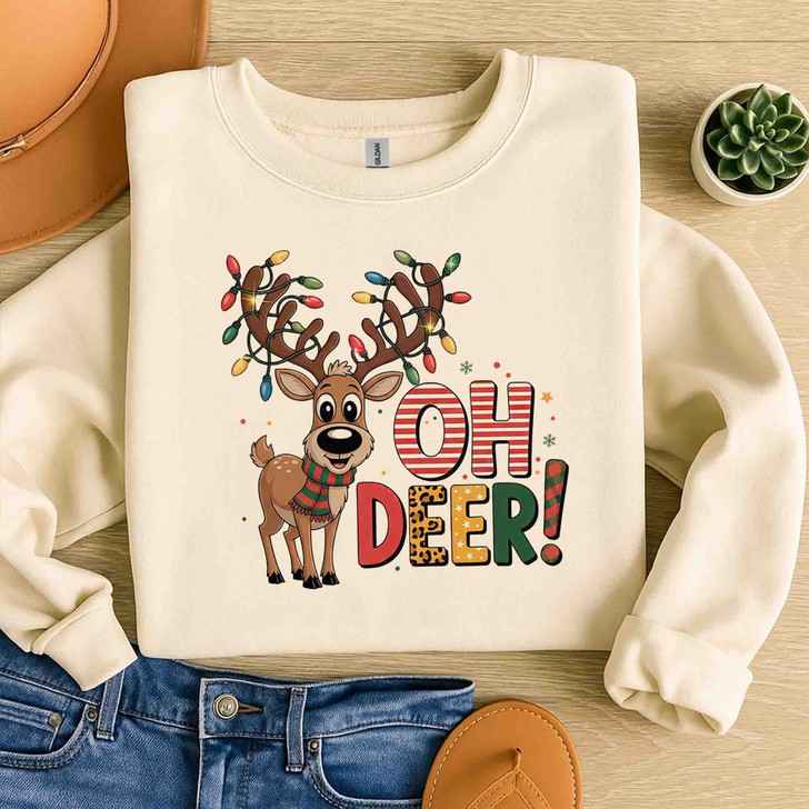 Oh Deer Christmas Shirt, Cute Reindeer With Lights Funny Sweatshirt S-5XL