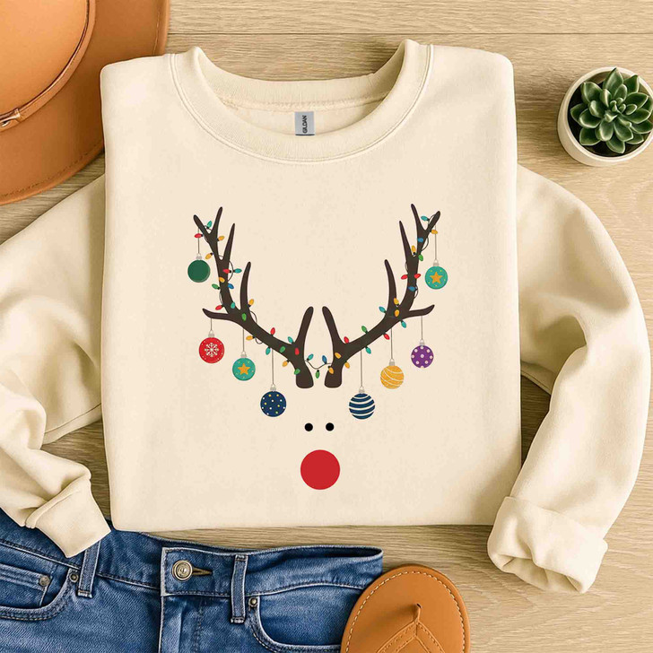 Minimal Reindeer Christmas Shirt, Red Nose Antlers Ornament Sweatshirt S-5XL
