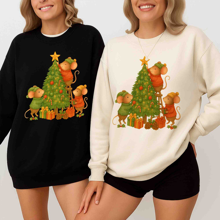 Cute Christmas Mouse Shirt, Mouse Decorating Tree Whimsical Holiday Sweatshirt S-5XL