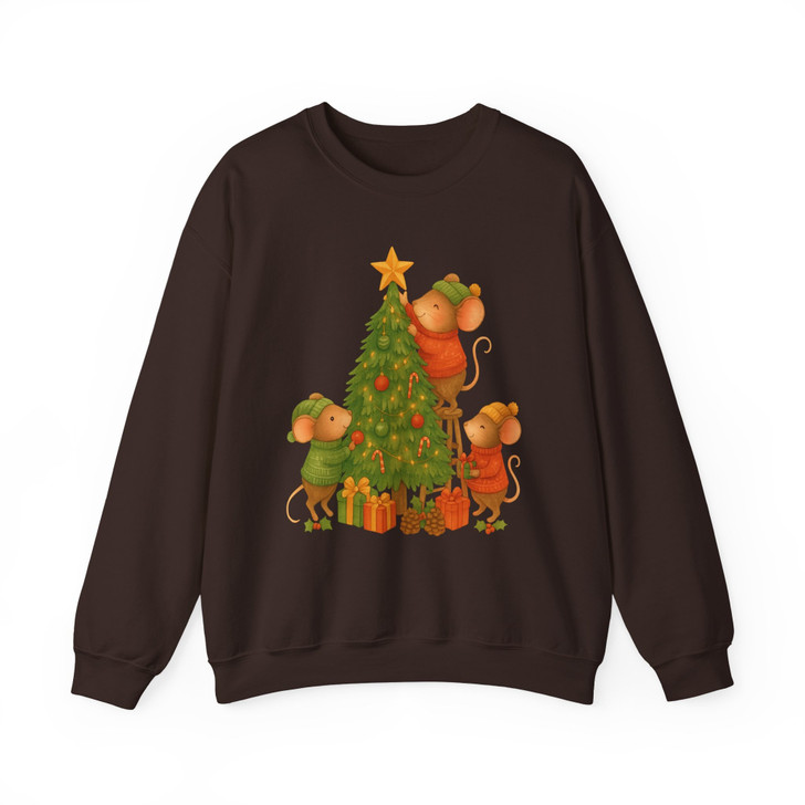 Cute Christmas Mouse Shirt, Mouse Decorating Tree Whimsical Holiday Sweatshirt S-5XL