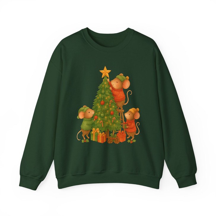 Cute Christmas Mouse Shirt, Mouse Decorating Tree Whimsical Holiday Sweatshirt S-5XL