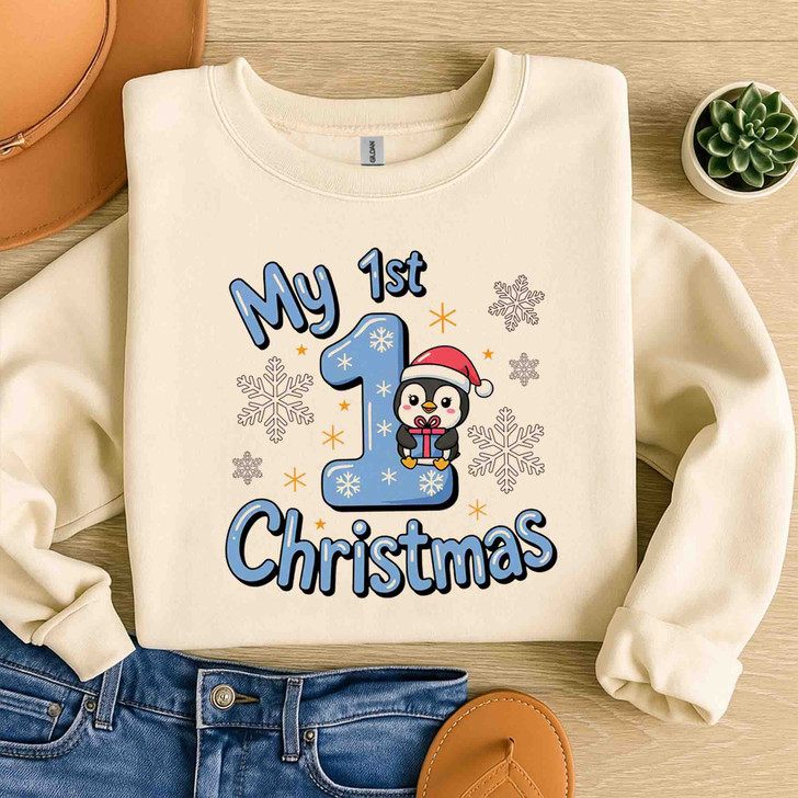 My 1st Christmas Shirt, Baby First Christmas Penguin Tee, Cute Winter Holiday Gift Sweatshirt S-5XL
