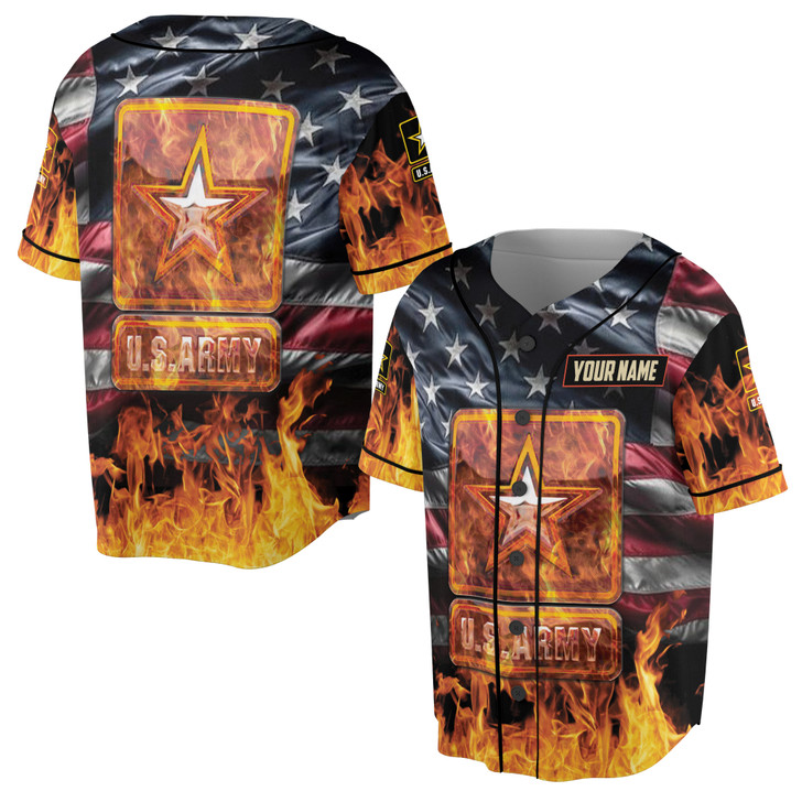 Custom name Veteran US ARMY America Flag Fire Pattern Baseball Jersey S-5XL