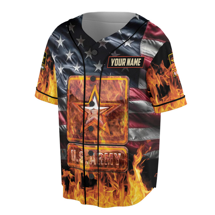 Custom name Veteran US ARMY America Flag Fire Pattern Baseball Jersey S-5XL