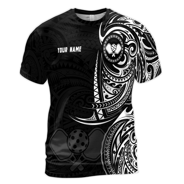 Custom Name Pickleball Paddle Tribal Pattern Black White 3D T-Shirt S-5XL
