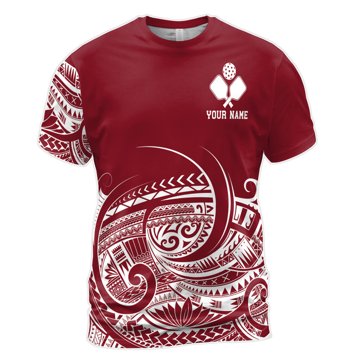 Custom Name Pickleball Paddle Tribal Pattern Red White 3D T-Shirt S-5XL