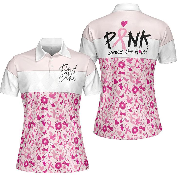 Pink Breast Cancer Awareness Ribbon Find The Cure Hope Women's Polo Shirt S-5XL