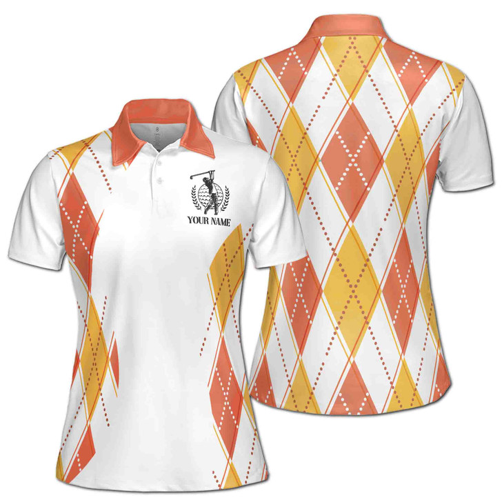 Custom Name Argyle Golf Polo, Orange Yellow Diamond Women's Polo Shirt S-5XL