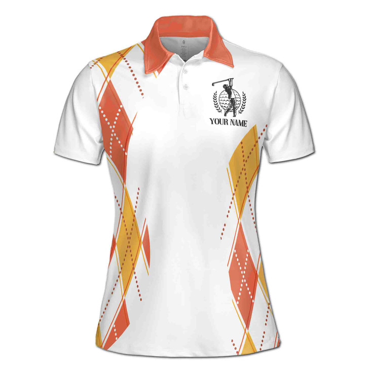 Custom Name Argyle Golf Polo, Orange Yellow Diamond Women's Polo Shirt S-5XL