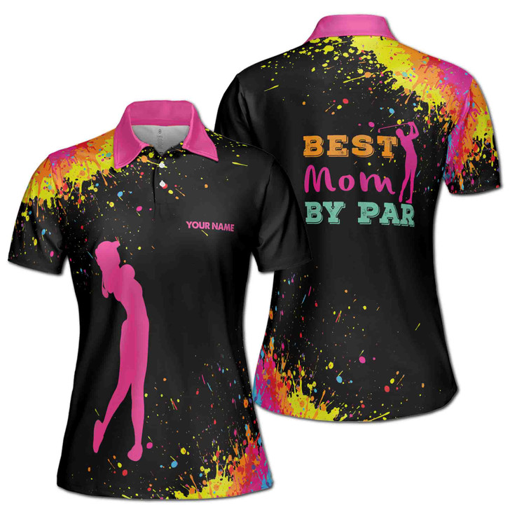Custom Name Best Mom By Par Funny Golf Polo, Neon Paint Splatter, Women's Polo Shirt S-5XL