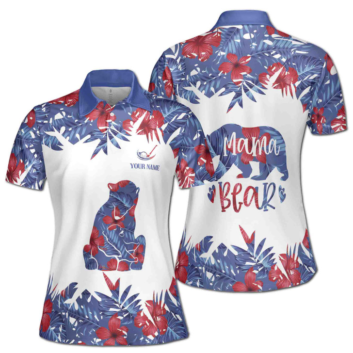 Custom Name Mama Bear Tropical Polo for Women, Floral Hibiscus Leaf Print, Women's Polo Shirt S-5XL