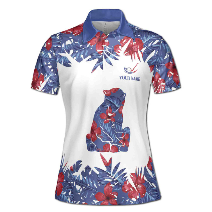 Custom Name Mama Bear Tropical Polo for Women, Floral Hibiscus Leaf Print, Women's Polo Shirt S-5XL