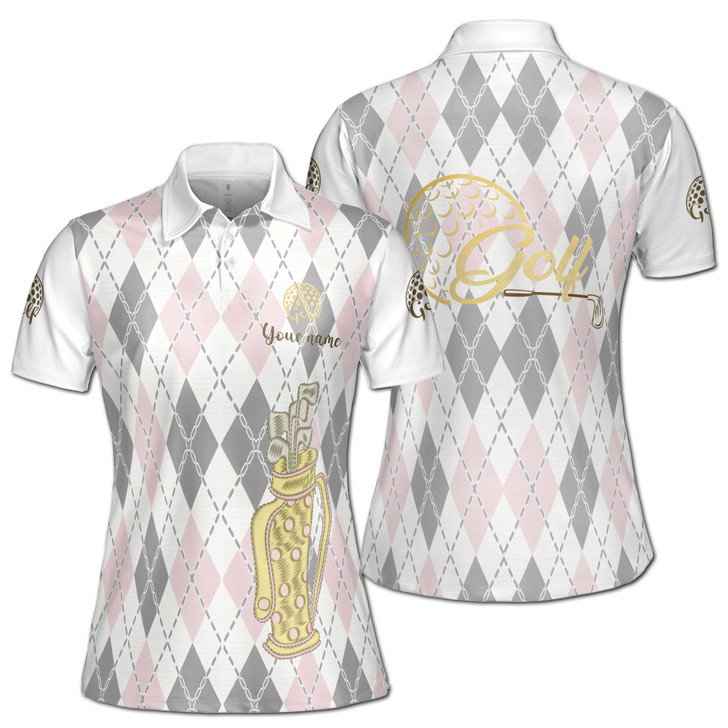 Custom Name Preppy Pink Gray Argyle Golf Diamond Women's Polo Shirt S-5XL