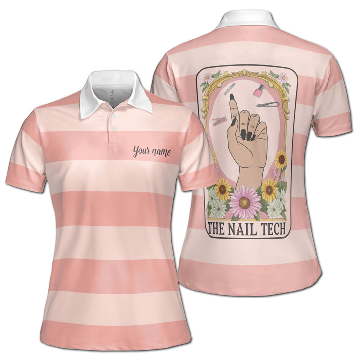 Custom Name Nail Tech Tarot Card Polo, Pink Stripe Manicurist Gift, Women's Polo Shirt S-5XL