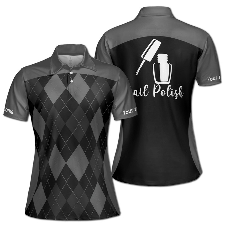 Custom Nail Polish Polo Shirt for Women, Gray Argyle Print Manicurist Uniform, Nail Tech Team Name Women's Polo Shirt S-5XL
