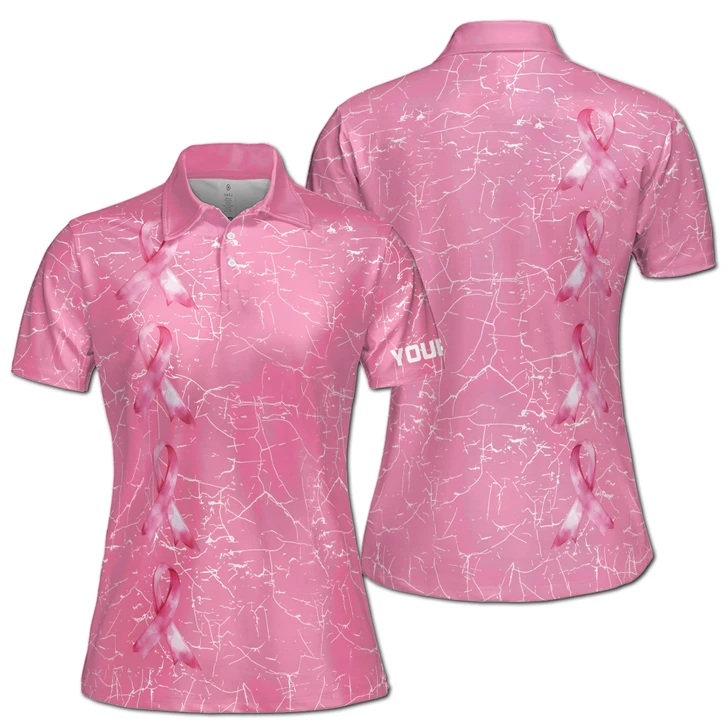 Breast Cancer Awareness Polo Shirt for Women, Personalized Pink Ribbon Survivor Gift, Pink Textured Print Women's Polo Shirt S-5XL