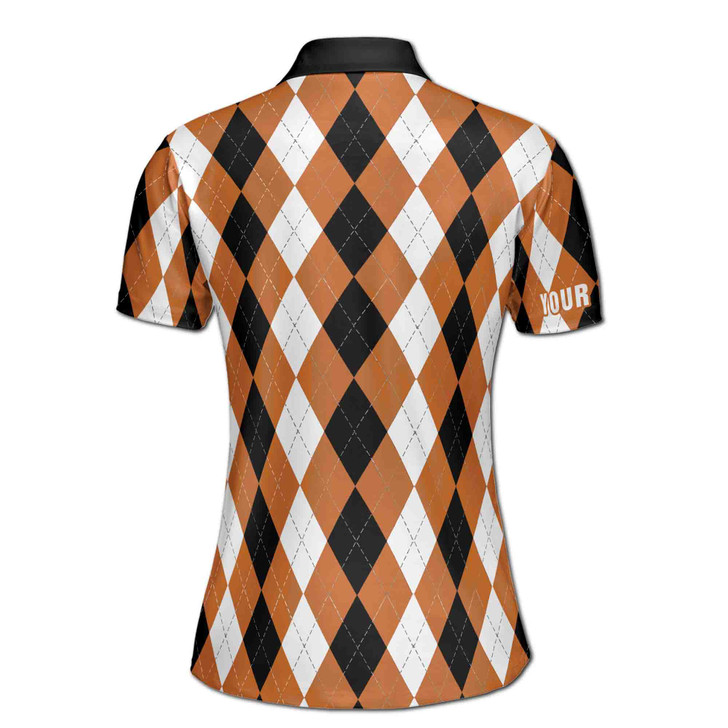 Custom Argyle Golf Polo Shirt Women, Classic Black Orange White Diamond Print, Personalized Golfer Gift Women's Polo Shirt S-5XL