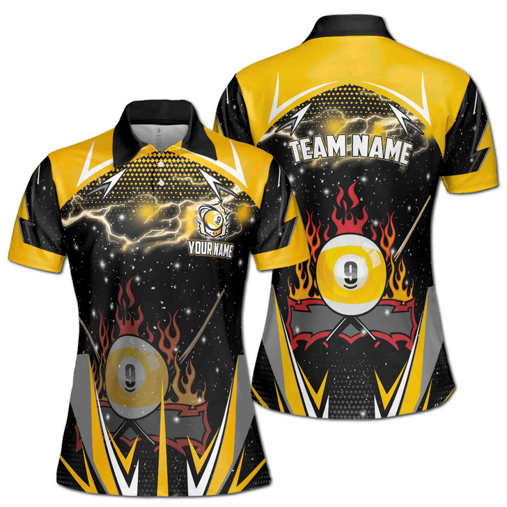 Custom 9-Ball Billiards Polo Shirt for Women, Flaming Pool Ball & Lightning Print, Personalized Team Name Uniform Women's Polo S-5XL