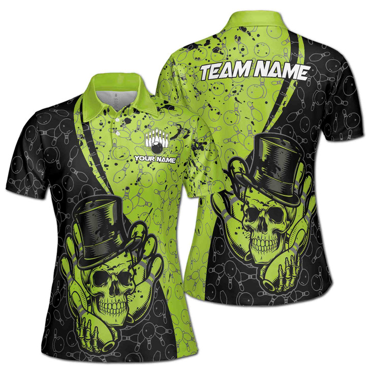Customized Green Skull Gentlemen Bowling Pattern Women's Polo Shirt S-5XL