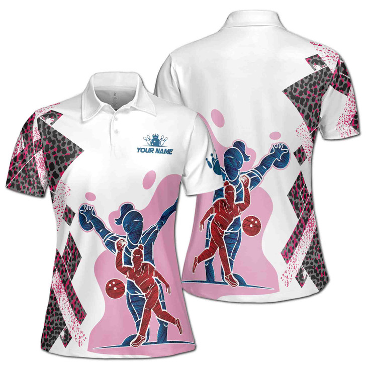 Custom Name Argyle Leopard Bowling Ball Women's Polo Shirt S-5XL