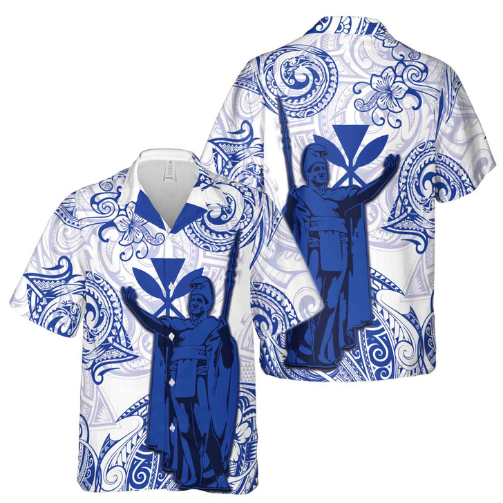 Hawaii Statue Tribal Pattern White Blue Hawaiian Shirt S-5XL