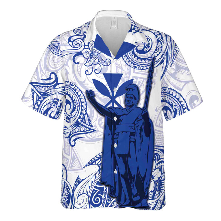 Hawaii Statue Tribal Pattern White Blue Hawaiian Shirt S-5XL