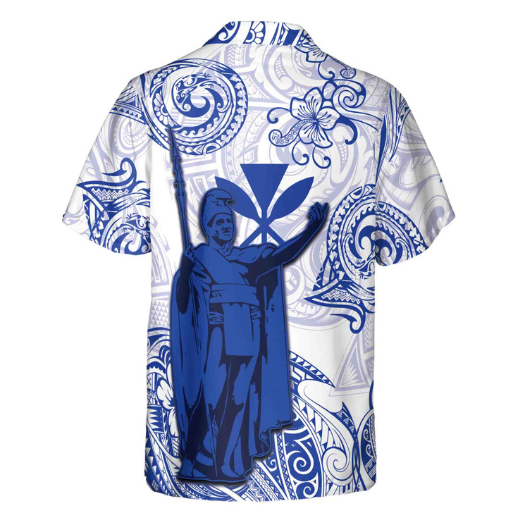Hawaii Statue Tribal Pattern White Blue Hawaiian Shirt S-5XL