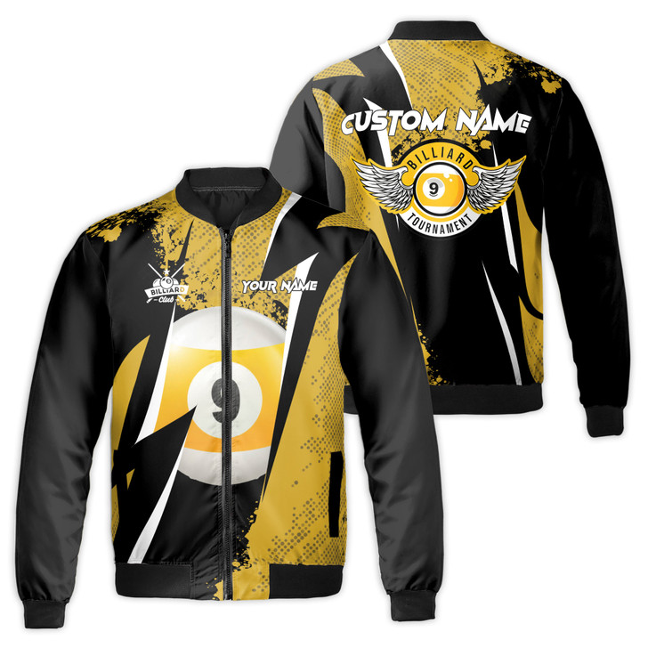 Custom Name Billiards Bomber Jacket 9 Ball Design Black Yellow Colors Bomber Jacket S-5XL