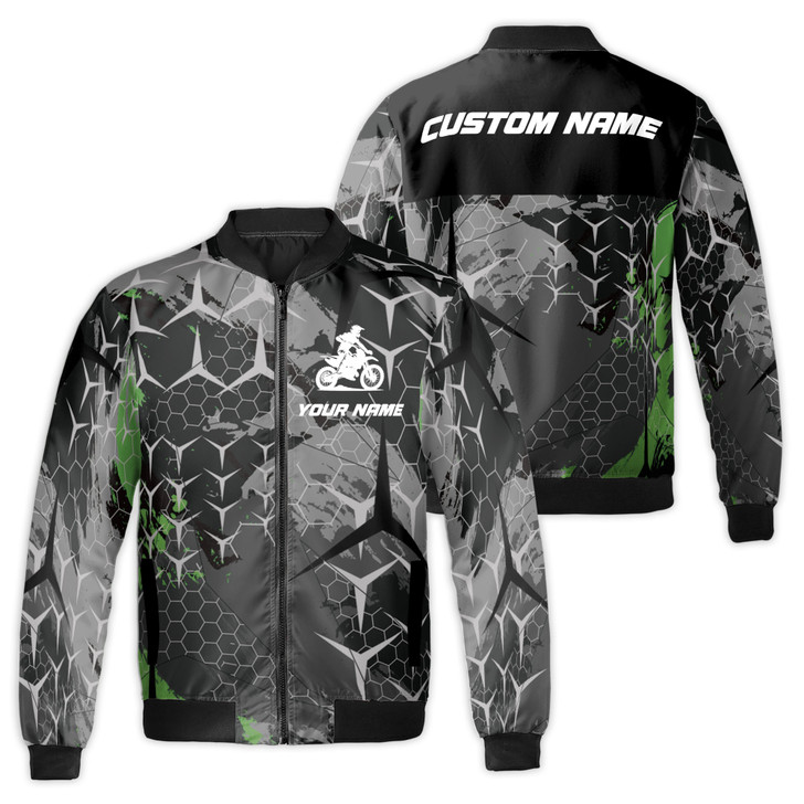 Custom Name Motorcycle Gray and Green Hive for Biker Enthusiasts Bomber Jacket S-5XL
