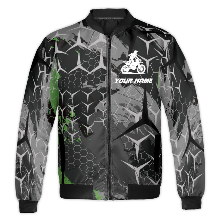 Custom Name Motorcycle Gray and Green Hive for Biker Enthusiasts Bomber Jacket S-5XL