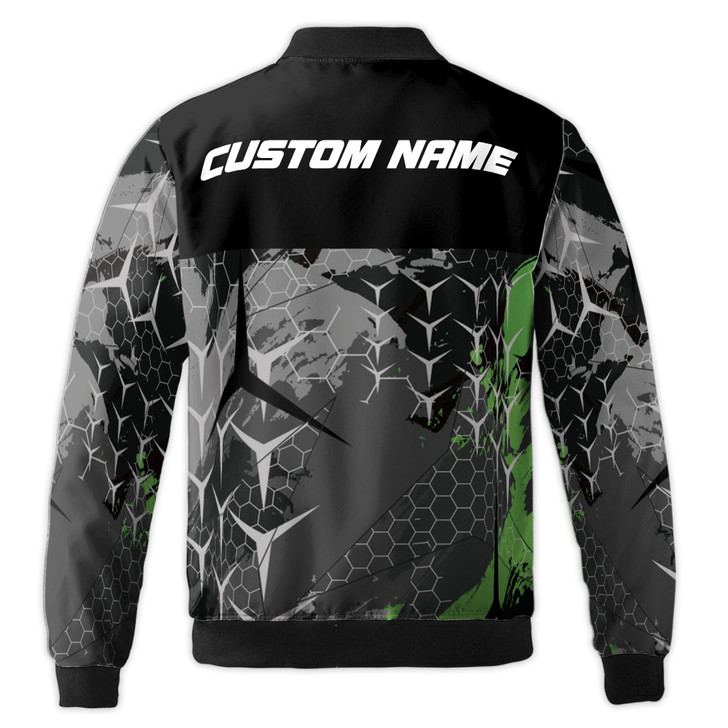 Custom Name Motorcycle Gray and Green Hive for Biker Enthusiasts Bomber Jacket S-5XL