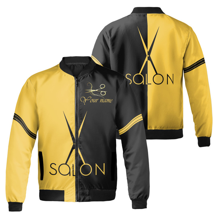 Customized Hair Salon Bomber Jacket with Black and Yellow Theme, Bomber Jacket S-5XL