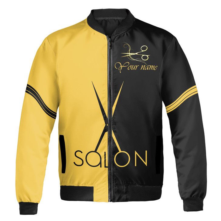 Customized Hair Salon Bomber Jacket with Black and Yellow Theme, Bomber Jacket S-5XL