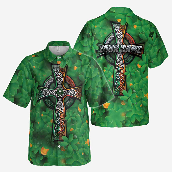 Custom Name St. Pattrick's Day Irish Lucky Shamrock Cross Button Down Shirt S-5XL