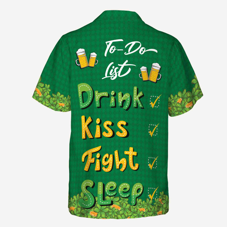 Funny To Do List Drink Kiss Fight Sleep St. Pattrick's Day Irish Lucky Shamrock Button Down Shirt S-5XL