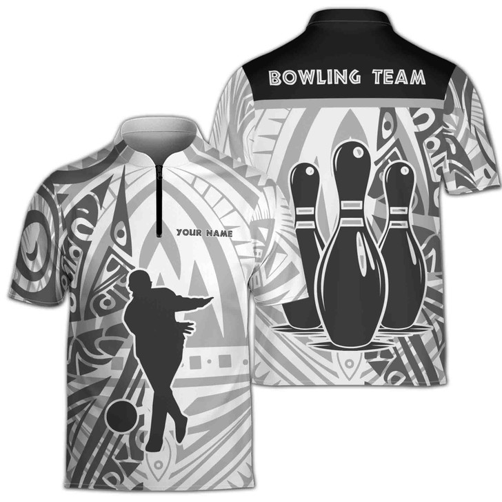 Custom Name Bowling Team Pins And Player Tribal Pattern Black White Zipper Polo S-5XL