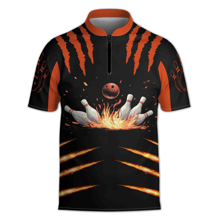 Custom Name Bowling Fiery Claws Pins And Ball Black Orange Zipper Polo S-5XL