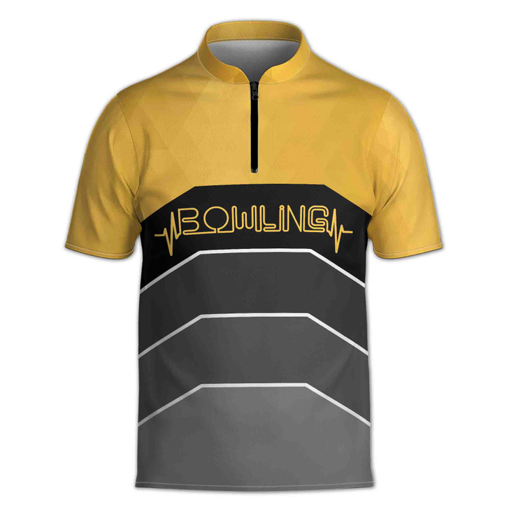 Custom Name Bowling Team Winged Fiery Bowling Ball Yellow Black Zipper Polo S-5XL