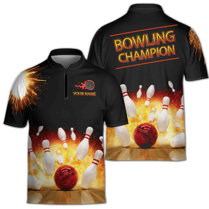 Custom Name Bowling Fiery Bowling Ball Black Zipper Polo S-5XL