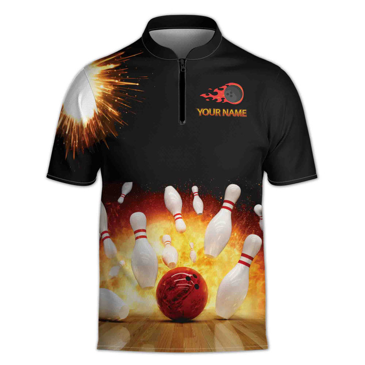 Custom Name Bowling Fiery Bowling Ball Black Zipper Polo S-5XL