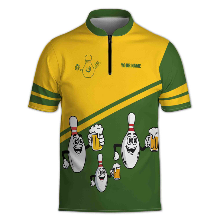 Custom Name Bowling Team For The Beer Green Yellow Zipper Polo S-5XL