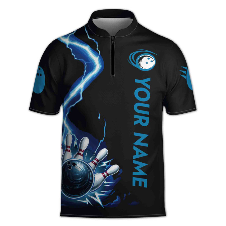 Custom Name Bowling Team Lightning Pins And Ball Black Blue Zipper Polo S-5XL