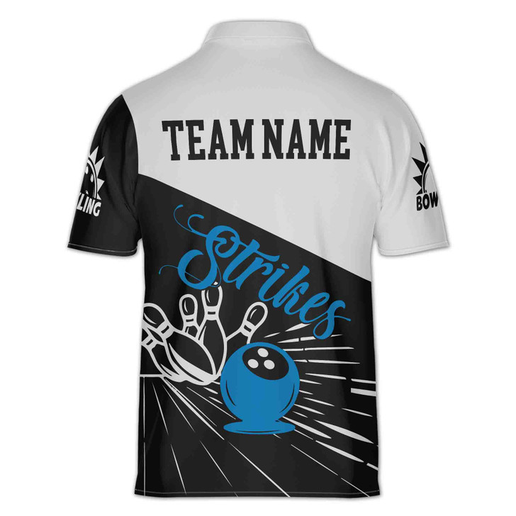Custom Name Bowling Team Strikes Pins And Ball Black White Blue Zipper Polo S-5XL