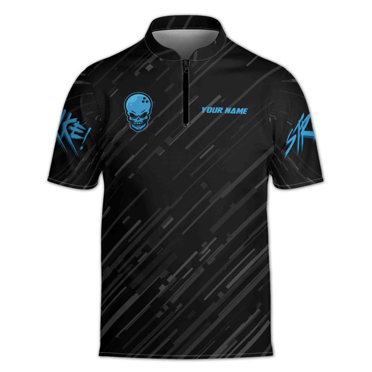 Custom Name Bowling Team Strike Skull Pins And Ball Black Blue Zipper Polo S-5XL