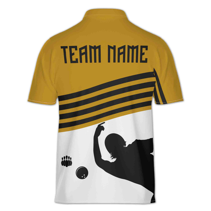 Custom Name Bowling Team Player Pins And Ball Silhouette Yellow White Black Zipper Polo S-5XL