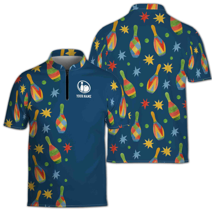 Custom Name Bowling Pins And Ball Spark Dots Pattern Blue Colorful Zipper Polo S-5XL